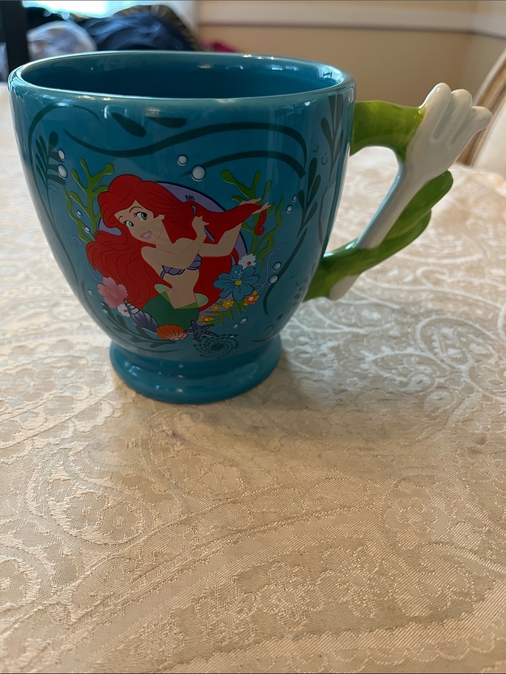 Disney Ariel Blue Ceramic Mug with Green and White Handle Large in EUC
